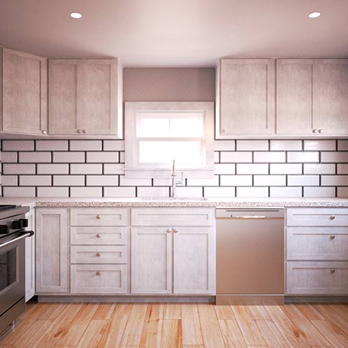 Interior rendering of a kitchen.